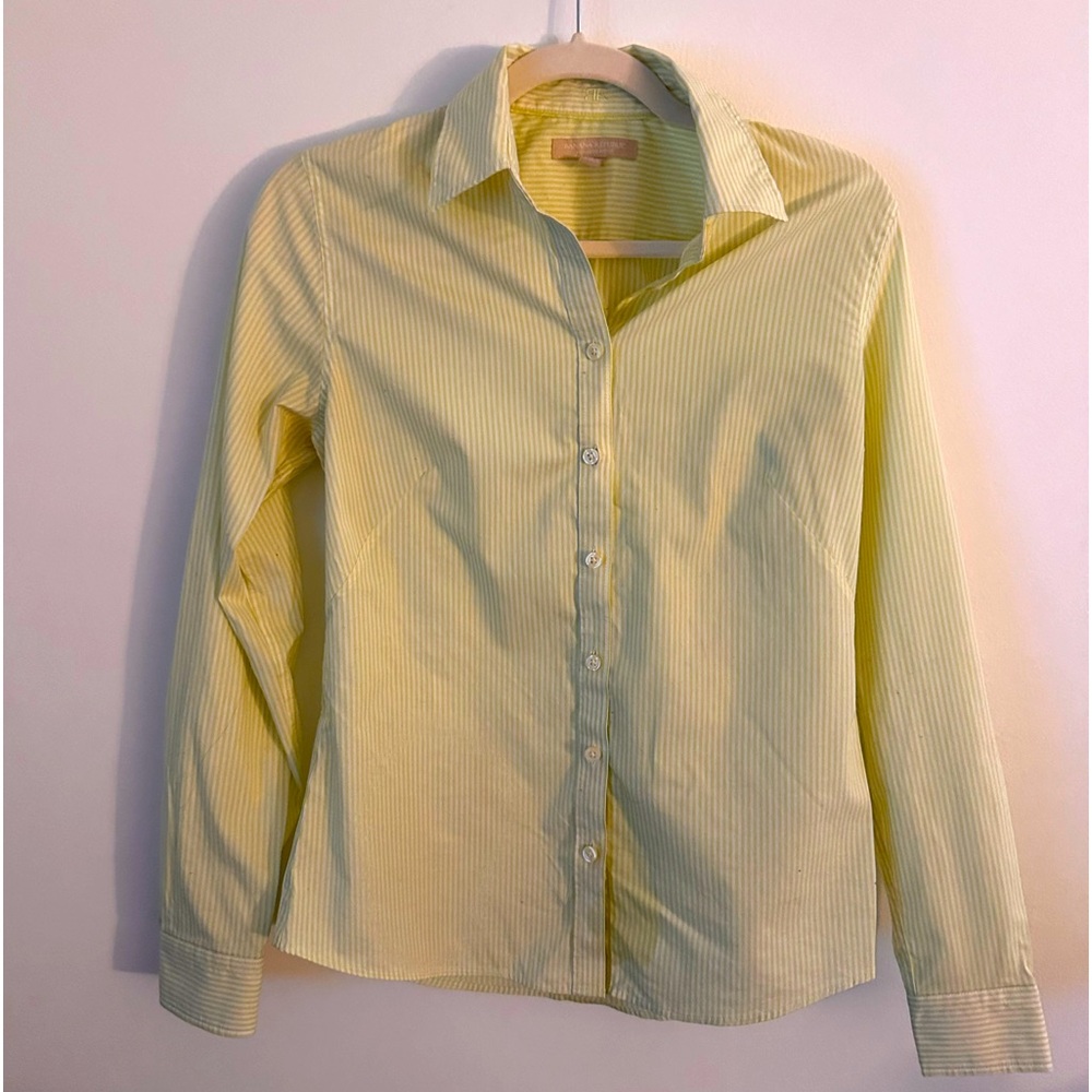 Banana Republic Women Green/White Striped Fitted Non-Iron Shirt Sz 8